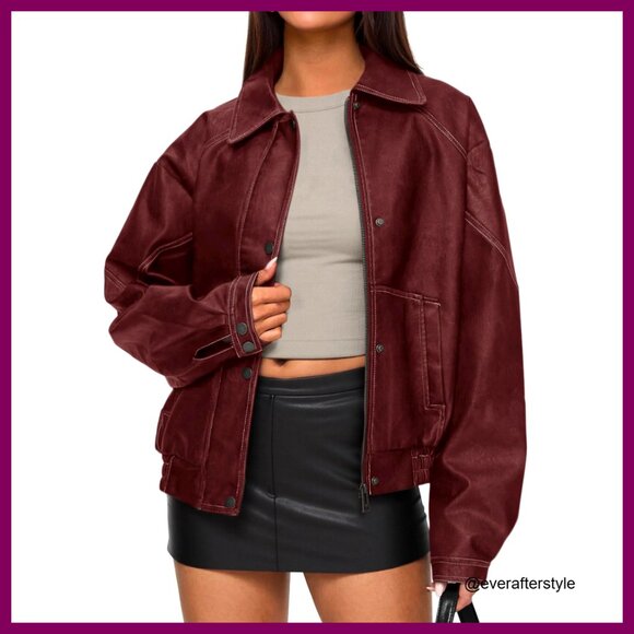 Faux Leather Bomber Jacket Oversized Moto Biker Chic Retro Zip Up